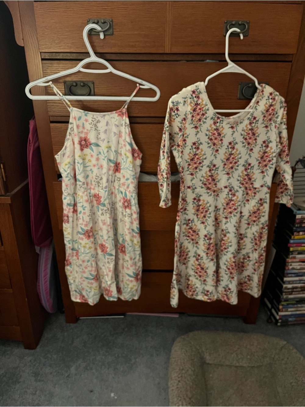 TWO Old Navy Girls Floral Summer Dresses - Cream with Pink & Green Flowers